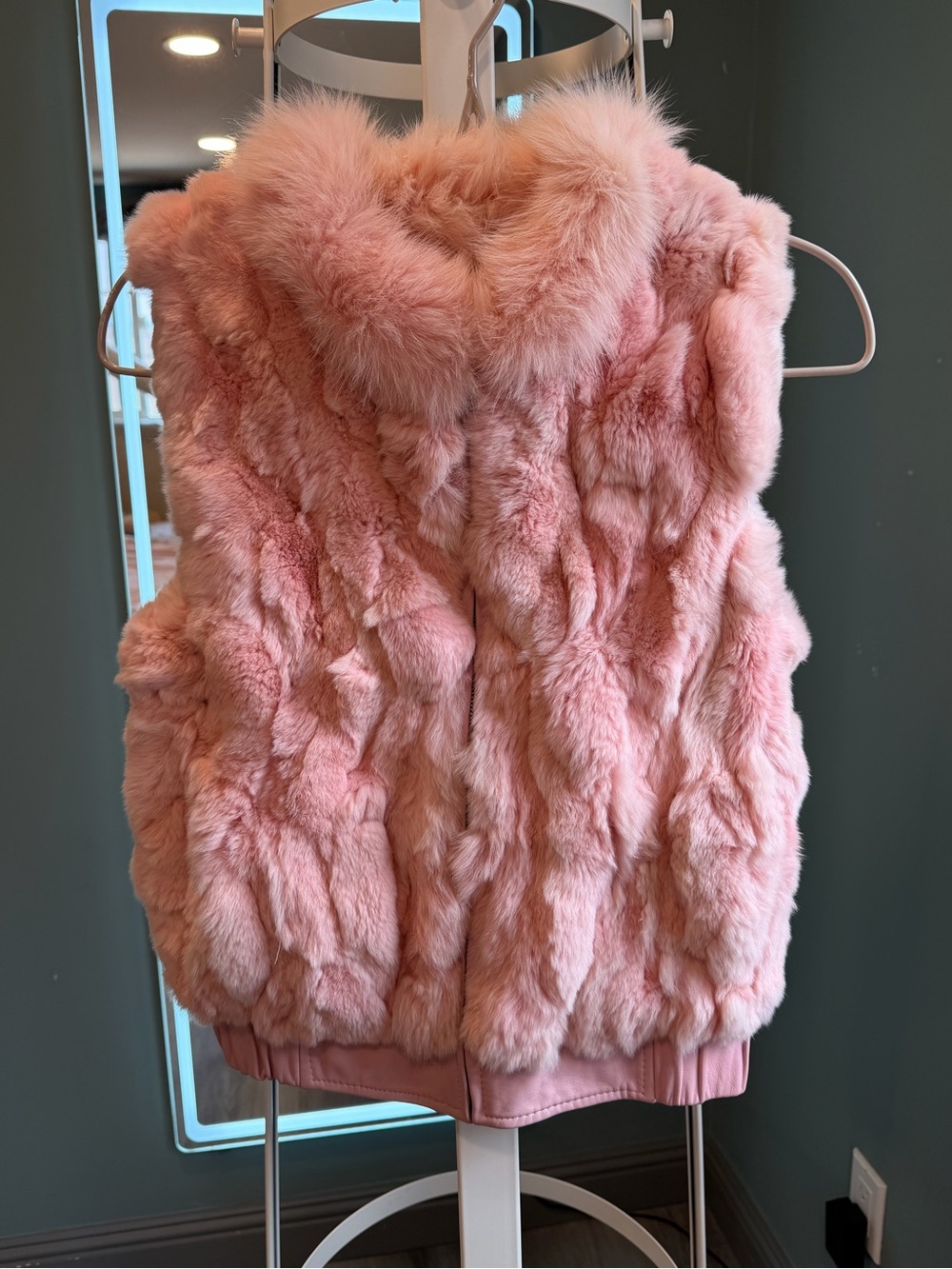 Pink Genuine Rabbit Fur Vest Fox Fur Collar Y2K XS/S